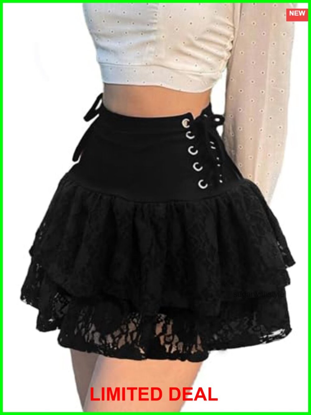 Women's Gothic Layered Ruffle Mini Skirt High Waisted A-Line Lace-Up